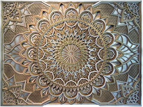 BHDecor Home Wall Decor Multilayered Laser Cut Carved Elegant Wooden Mandala Hanging MDF Panels for Decoration - Rustic Contemporary Artwork 24.4 x 18.1 62 x 46cm, Silver/Gold