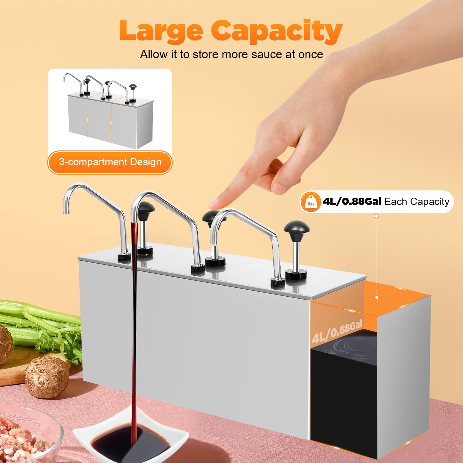 Dispensador de bomba de salsa 3 × 4 L, dispensador de salsas, acero inoxidable, dispensador de bomba, dispensador de mostaza, dispensador para salsa de soja, vinagre, mostaza, 50 x 19 x 25 cm