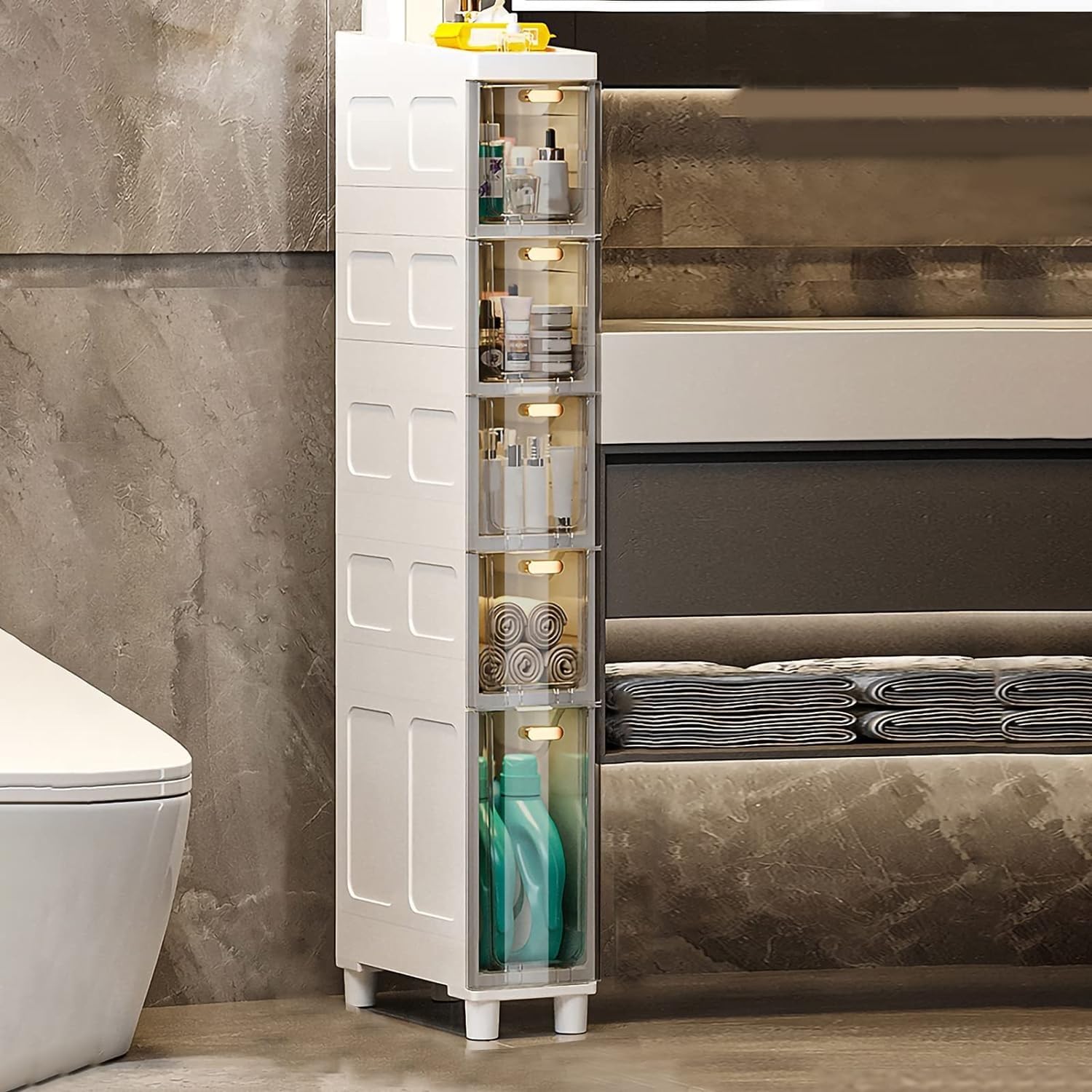 Cassettiera impilabile con cassetti in plastica e rotelle, organizer da pavimento stretto alto e sottile, per bagno o camera da letto, torre a 3/4/5 ripiani per carta igienica, robusto e salvaspazio