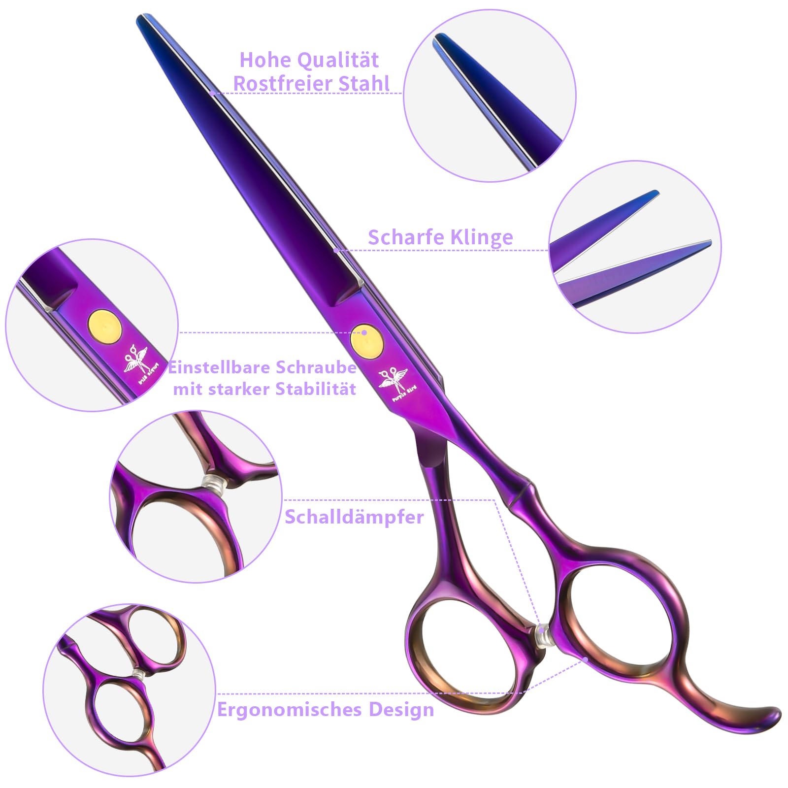 PURPLEBIRD Haarschneideschere, Profi Haarschere Friseurschere Set aus Edelstahl Haarschneideschere und Effilierschere für Barbier/Friseur/Anfänger 10 Stück (Lila)