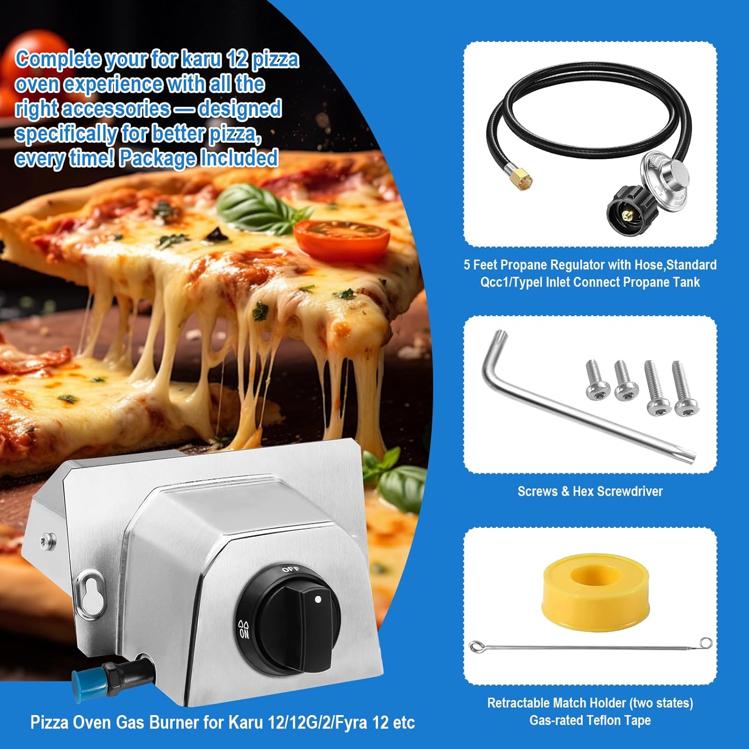 Pizza Oven Accessories, Gas Burner Rttachment for Karu 12 and Karu 12G Outdoors Pizza Oven Propane Burner,Includes 5FT Propane Hose with Gas Regulator, Pizza Oven Propane Conversion Kit.