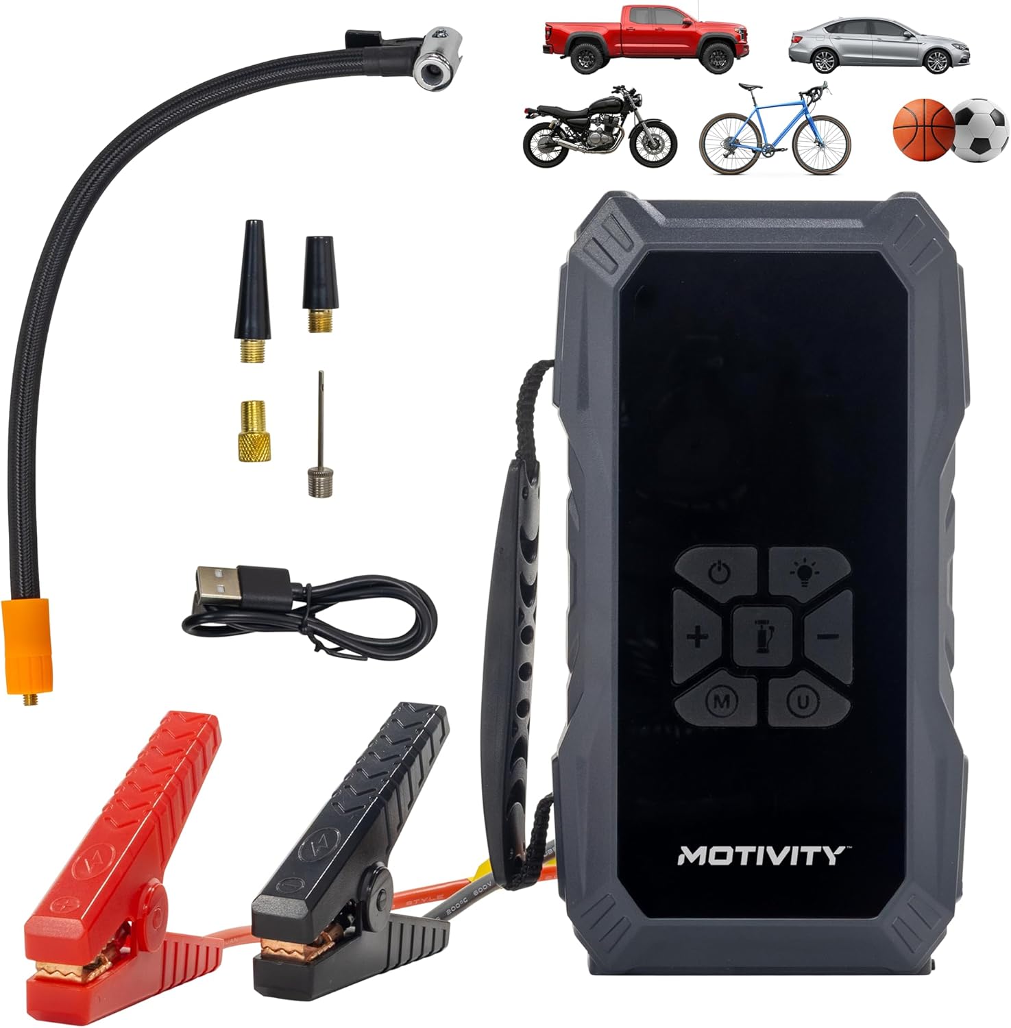 4-in-1 Portable Automotive Jump Starter with Air Compressor – 1000A Peak, USB & 12V DC Charging, 150 PSI, LED Flashlight, LCD Display – for Cars, Motorcycles, ATVs & More