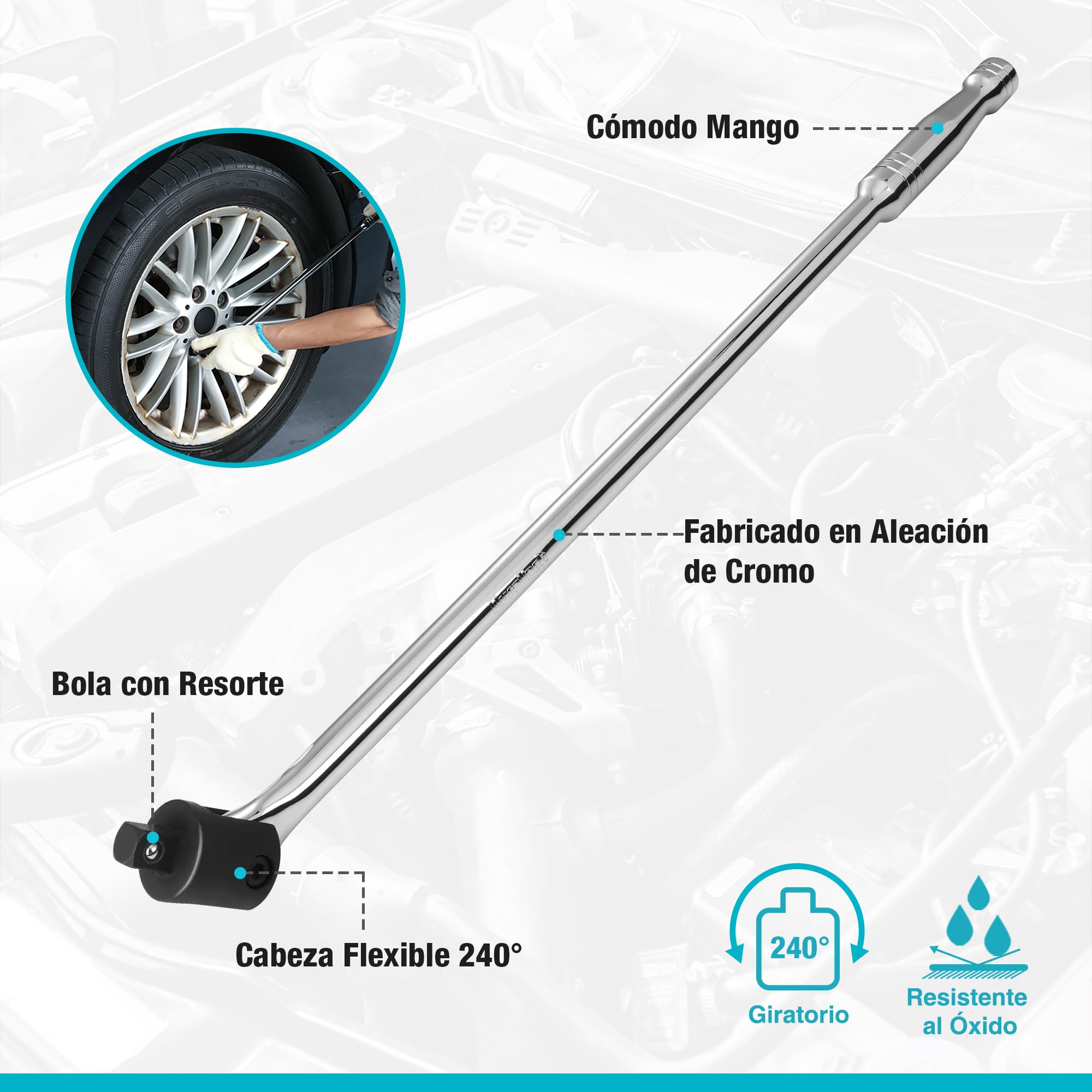 DURATECH 1/2" Mango Articulado, Llave para Trabajos Pesados, Barra Rompedora 600 mm, Llave de Carraca con Cabeza Flexible, Llave para Tuercas de Rueda