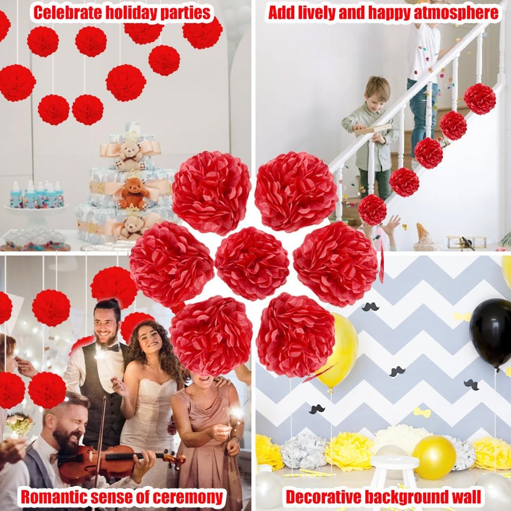 Hocansen 12Pcs Tissue Paper Pompoms 10in+12in Paper Pom Poms Flowers Fluffy Paper Flower Ball for Wall Party Hanging Decoration (RQH/Red)