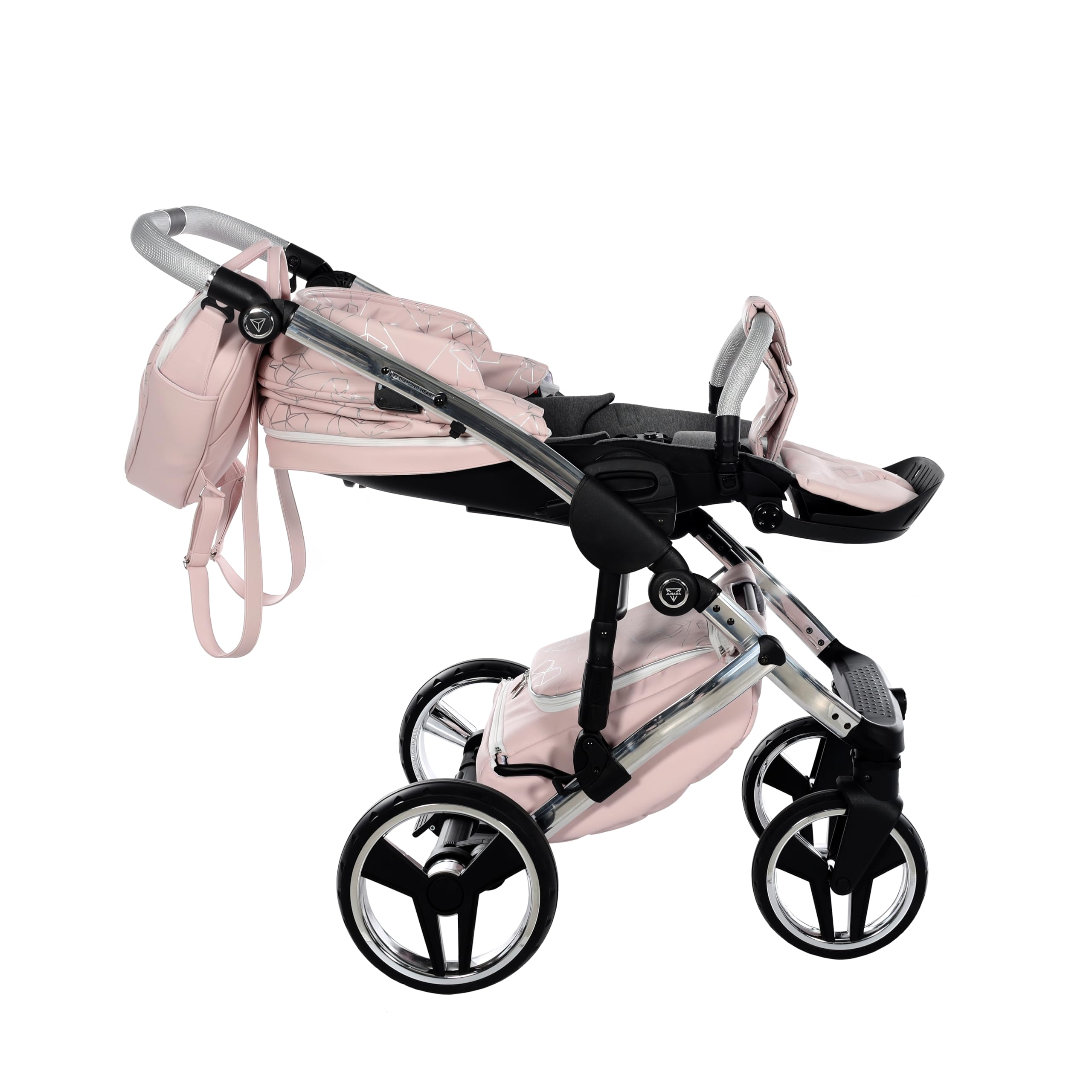 Junama Diamond Heart 06 Rosa y Plateado Cochecito de Bebé 2 en 1, 3 en 1, 4 en 1 + Sombrilla para Carrito (3 en 1 con silla de auto)