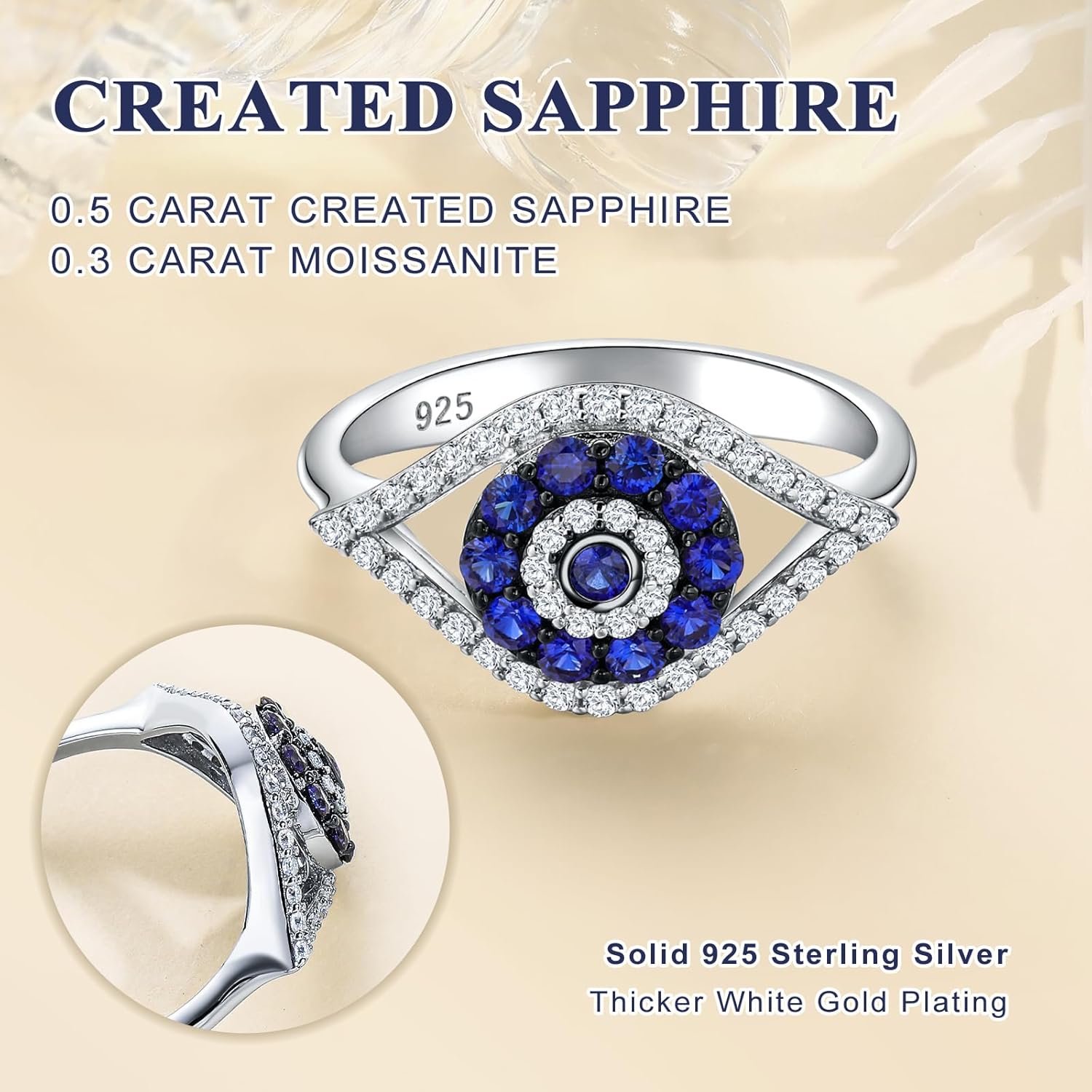 DAYBYDAY 925 Sterling Silver Star/Evil Eye Ring Blue Sapphire Ring for Women D Color VVS1 Moissanite Created Statement Ring Size 6-10 - Image 4
