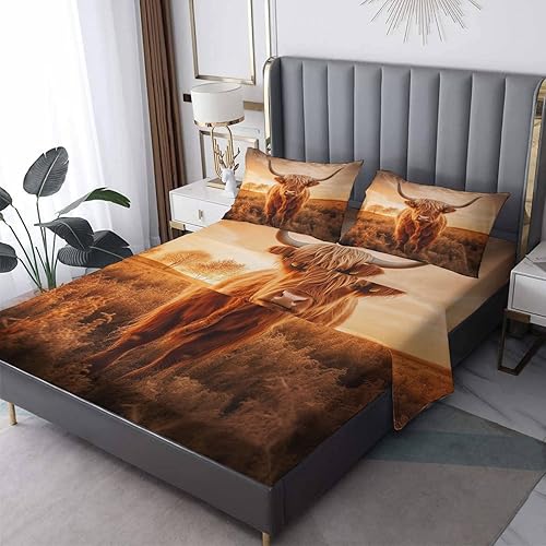 Highland Cow Sábanas tamaño California King  Sábanas de cama de animales de granja occidental, microfibra suave, bolsillo profundo, sábanas y fundas