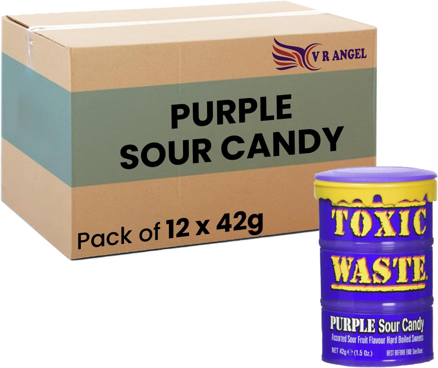 Toxic Waste 12 Purple Sour Candy Drums Ultra Sour Retro Sweets Candy For Halloween Trick or Treat, Birthday - Each Drum 42g Sold By VR Angel