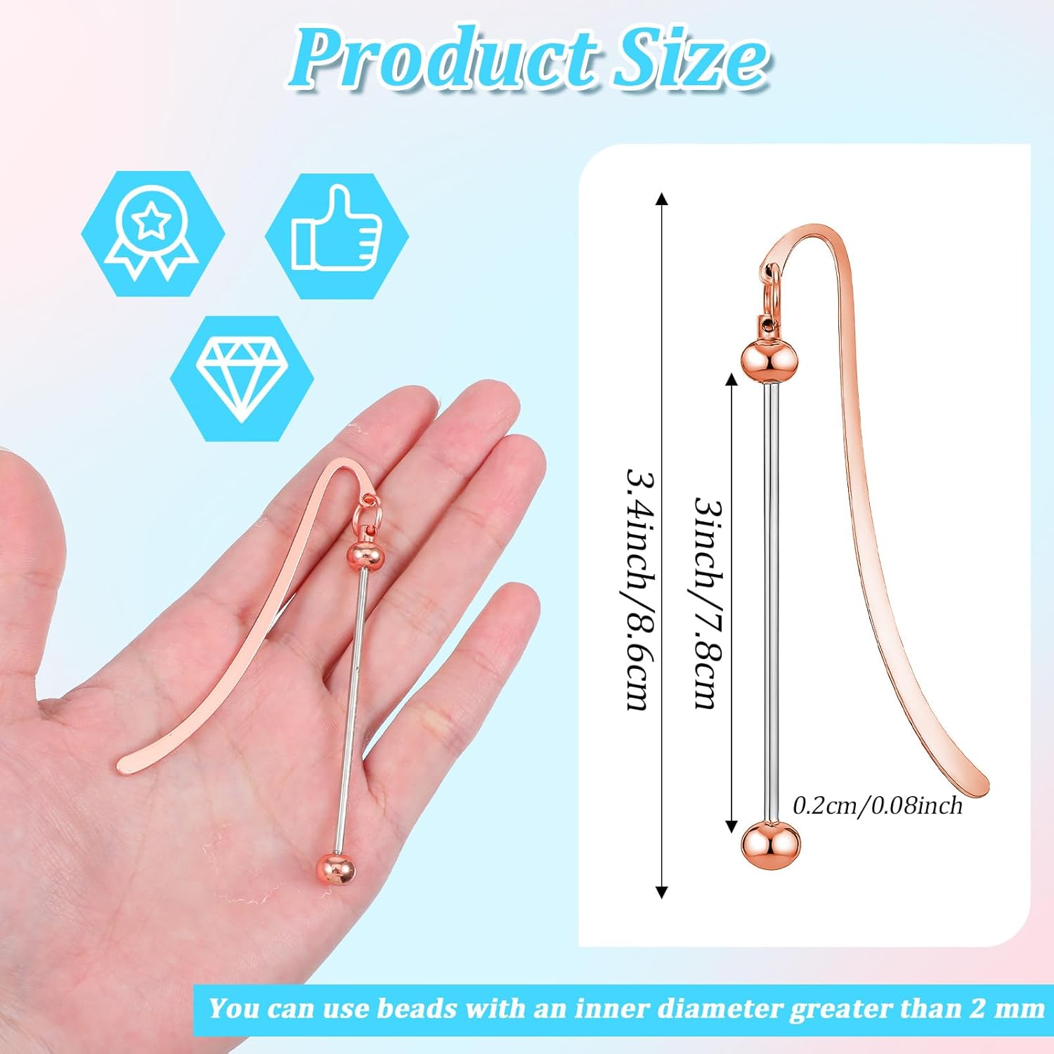 36 Pcs Beadable Bookmarks DIY Metal Blank Bar Bookmark for Beads Modern Bead Craft Jewelry Pendant Charm Gift for Book Lovers Student Teacher Office Supplies (Rose Gold) - Image 2