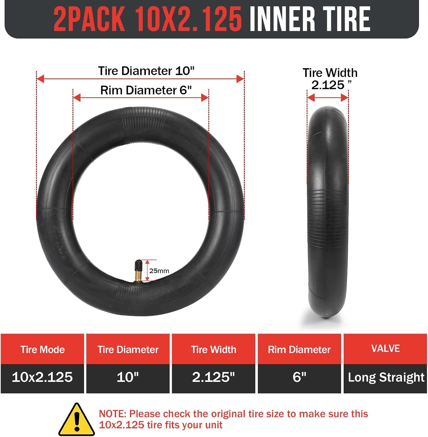 10x2.125 Inner Tube,10 X 2.125 Scooter Tube With Straight Valve | 2PCS Butyl Rubber 10x2.125 54-152 Tubes For Segway Ninebot F20,F25,F30,F40 Electric Scooter