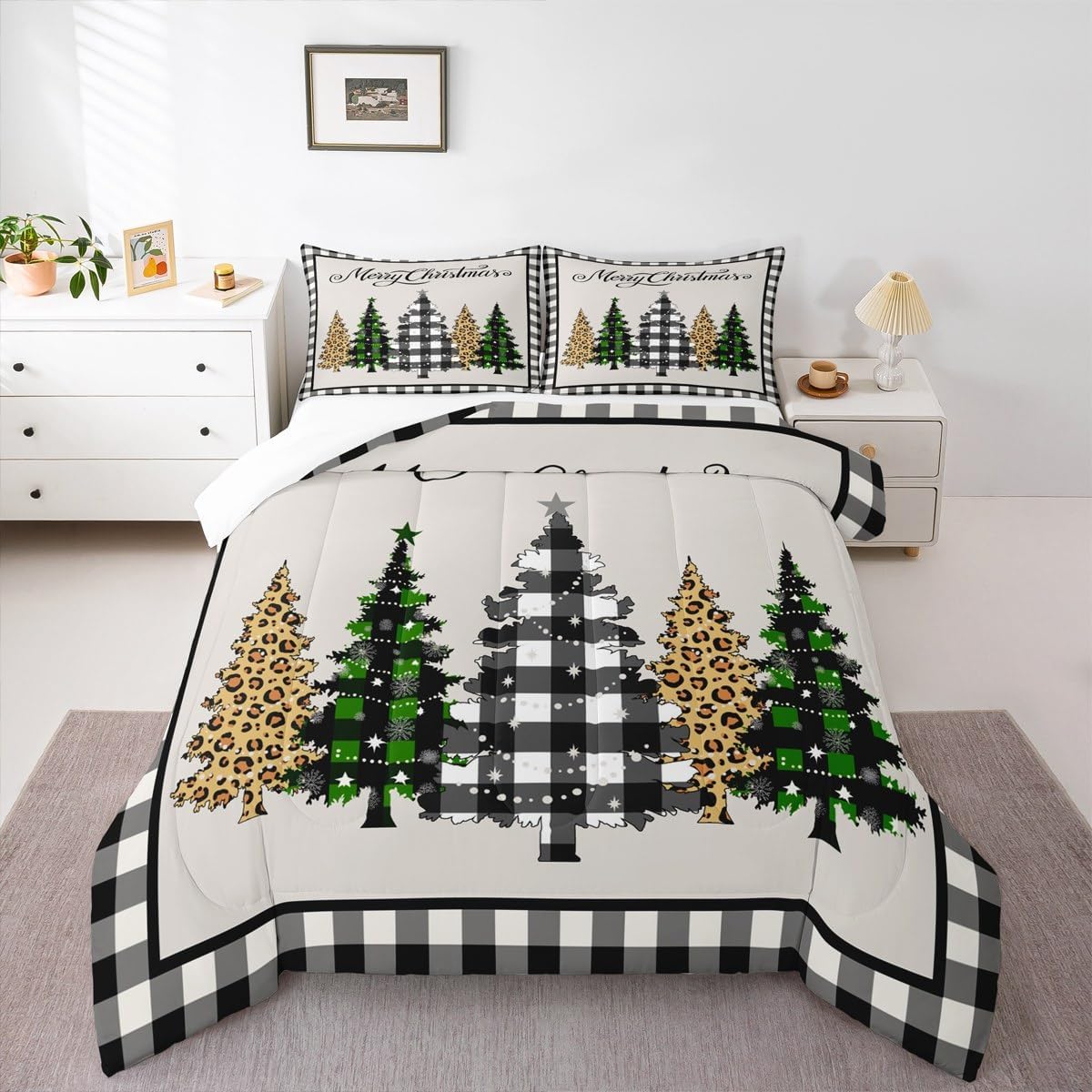 Merry Christmas Kids Comforter Set Queen Size,Leopard Plaids Pines Trees Bedding,Girls Boys Adults Bedroom/Xmas Cabin Decor,Geometric Grids Retro Down Comforter,Rustic Duvet Insert,2 Pillowcases