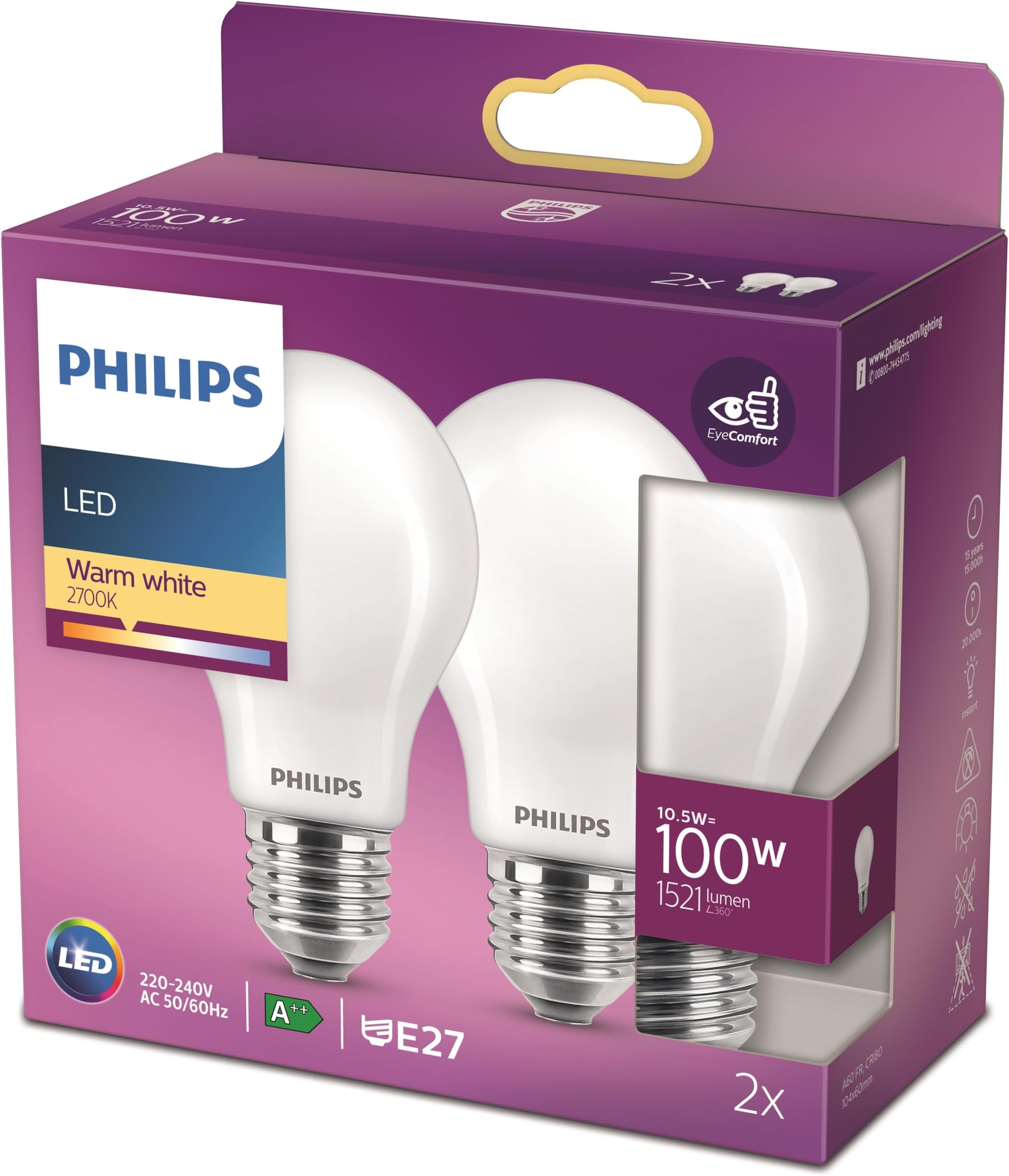 Philips ampoule LED Standard E27 100W Blanc Chaud Dépolie, Verre, 2