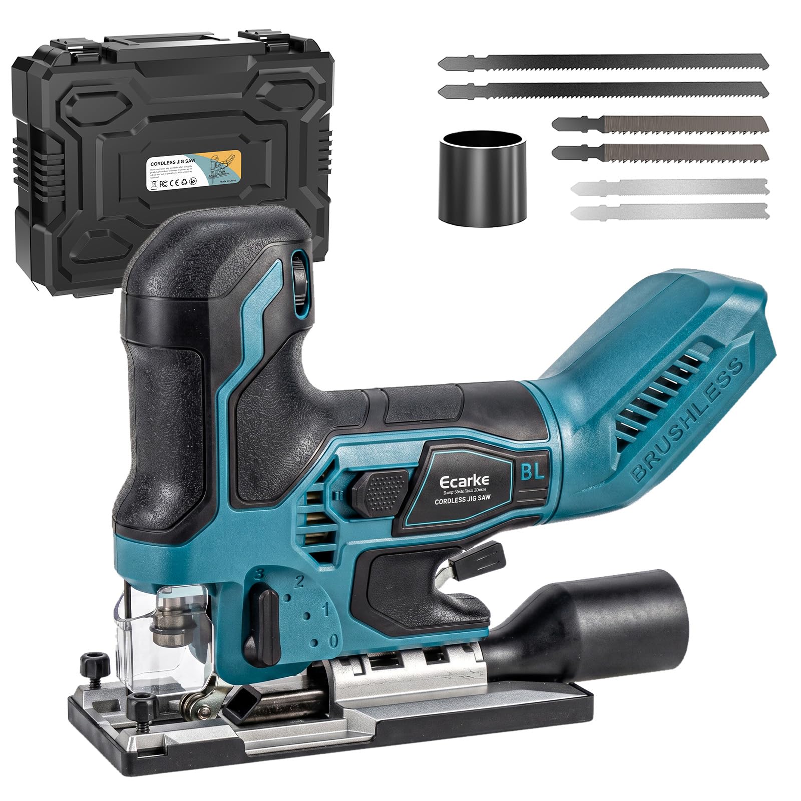 Ecarke Cordless Jig Saw Compatible With Makita 18V Battery, Brushless Motor 3800RPM, 7 Speeds Dial Control, Free-Tool ±45° Bevel Cuts, 4 Orbital Action, Dust Blows and 6 Blades For Cutting, Tool Only
