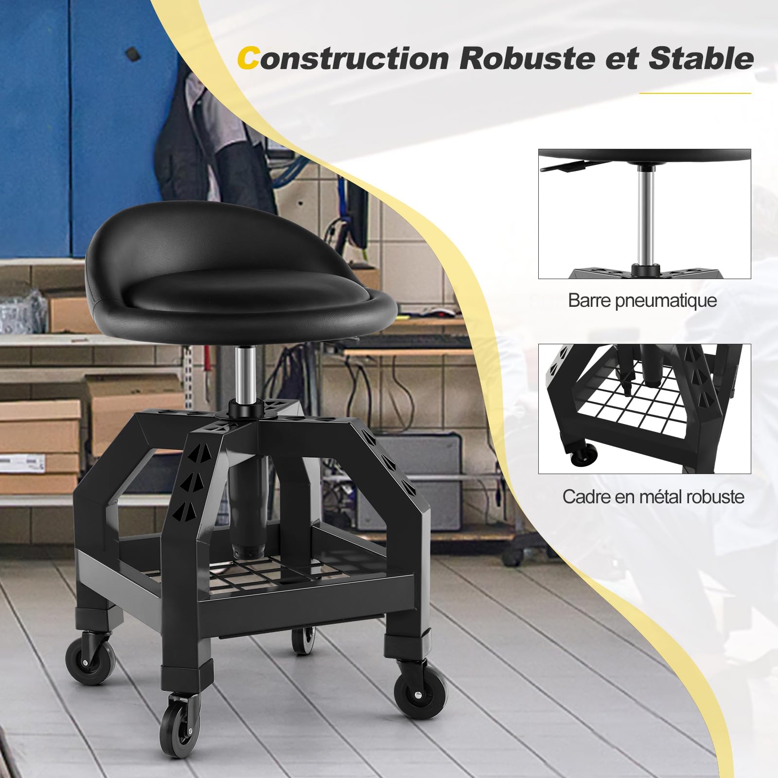 GYMAX Tabouret d'Atelier à roulettes, avec Porte-Outils, Siège Réglable en Hauteur 57-70cm et Pivotant à 360°, Rembourrage d'Éponge Confortable, pour Usine, Garage, Réparation, Mécanicien (Noir)