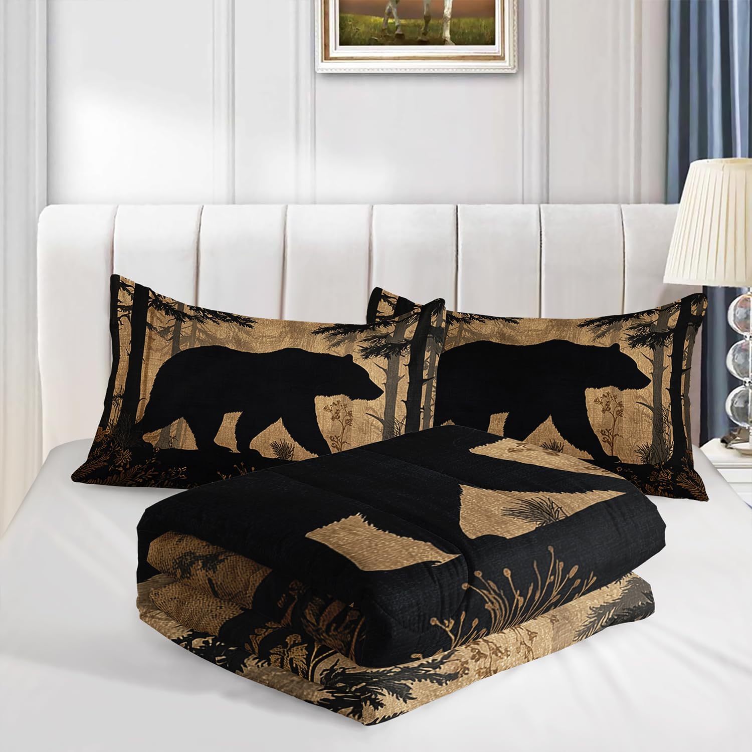 Black Bears Hunting Animal Comforter 3Pcs Queen Wildlife Bear Forest Pine Tree Bedding Set for Kid Teen Boy Girl Adult Retro Rustic Bear Plant Quilt Bed Decor with 1 Comforter & 2 Pillowcases