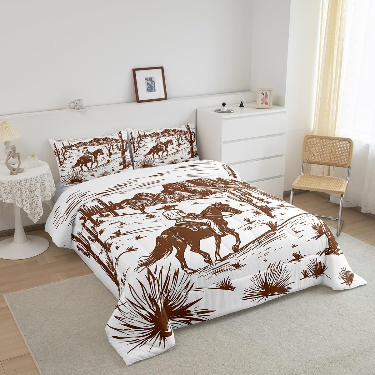Feelyou Western Decor Comforter Set Toddler Size Wild Western Cowboy Comforter Adults Horse Mountain Rodeo Cowboy Style Bedding Set Grunge Design Brown Duvet Set Room Decor 2Pcs 1 Pillow Case