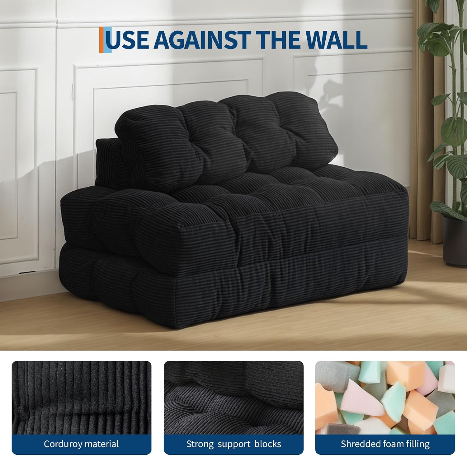  Folding Sofa Bed, Convertible Sleeper Chair with Pillow Foldable Mattress with Back Support, Boneless Fold Out Chair Bed Comfy Floor Sofa Lounge for Living Room, Bedroom, Black, Full thumbnail