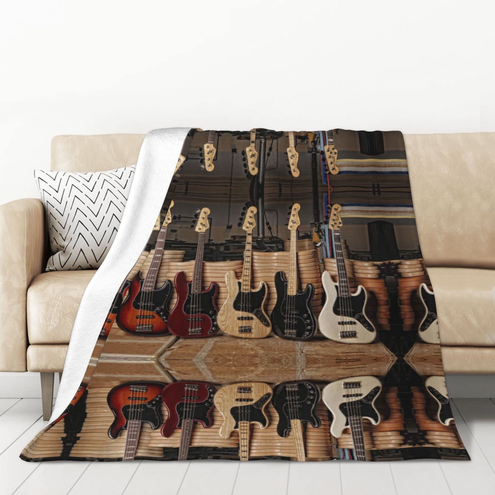 Plaid guitare basse flanelle 127x178 cm, couverture douce idée cadeau musicien pour lit et salon