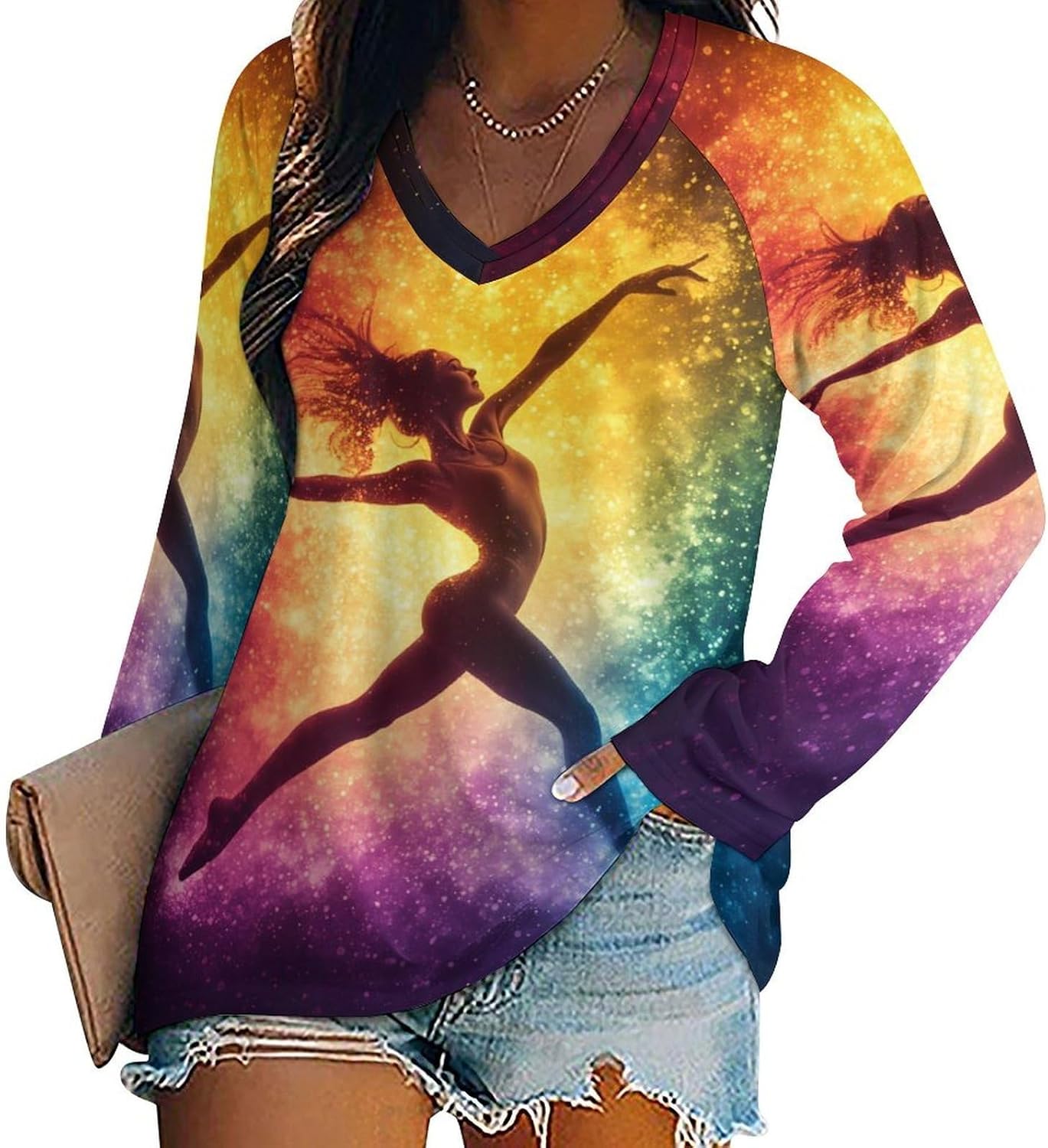 Colorful Ballet Dance Women's Long Sleeve Shirts Pullover V Neck Sweatshirt T-Shirts Casual Blouses Tops