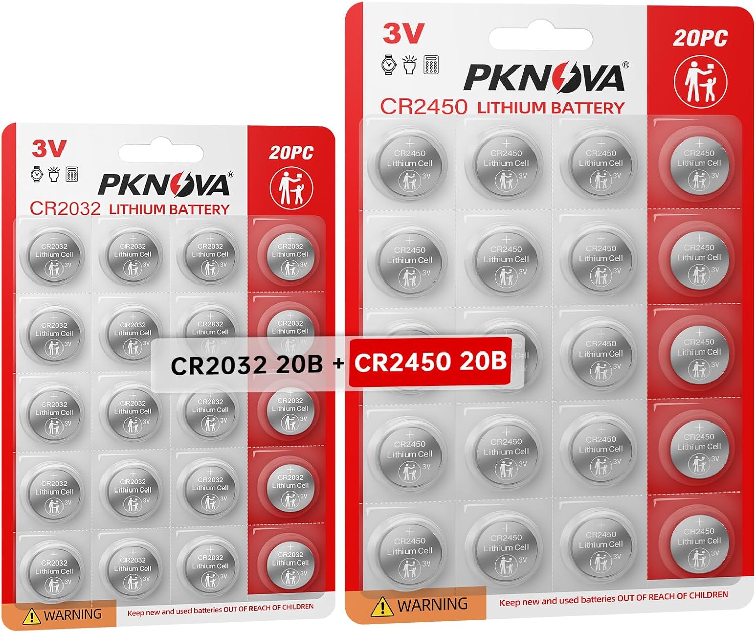 PKNOVA CR2450 Lithium Battery 20 Pack + CR2032 Lithium Battery 20 Pack, Long-Lasting, Leakproof Design, Wide Range of Application