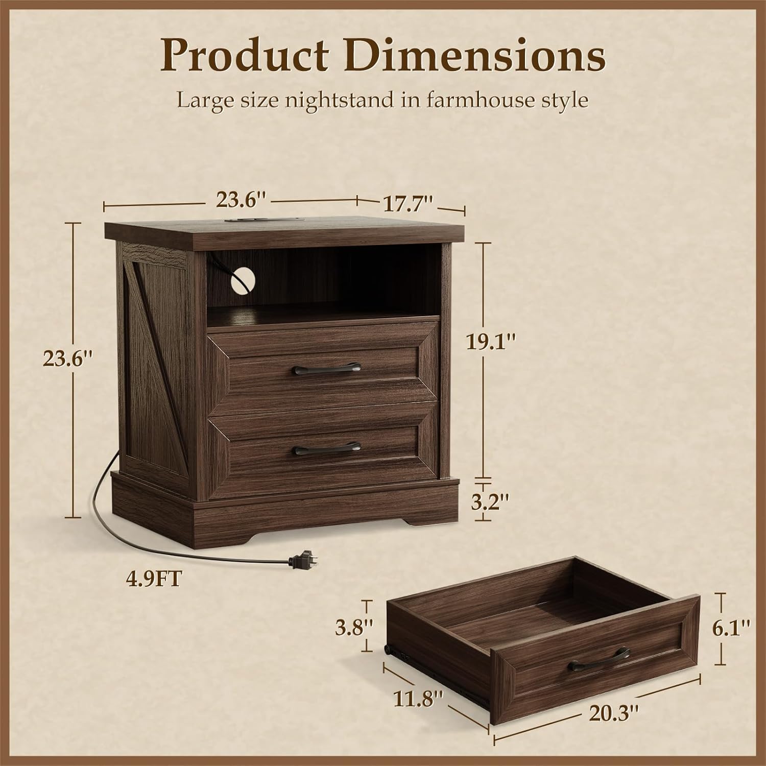 AODK 24 Inch Farmhouse Nightstand with Charging Station, Wood Bedside Table with 2 Drawers, Rustic Wood End Table with Outlet and USB for Bedroom, Dark Walnut