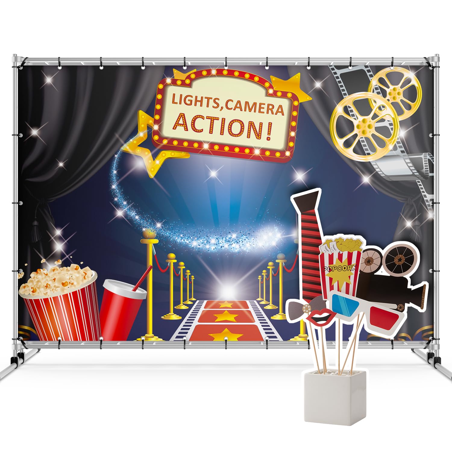 Zink Set Hollywood Photo Booth - Kit da 15 pezzi per cabine fotografiche a tema Hollywood con sfondo 1,3 x 1,8 m, pretagliato Accessori, bastoncini e cuscinetti adesivi