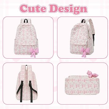 Aesthetic School Bag, Beige School Backpack with Pink Bow Charm, Waterproof Corduroy Kids Backpack, Kids Rucksacks for Girls, Practical Gifts for Birthdays & Holidays