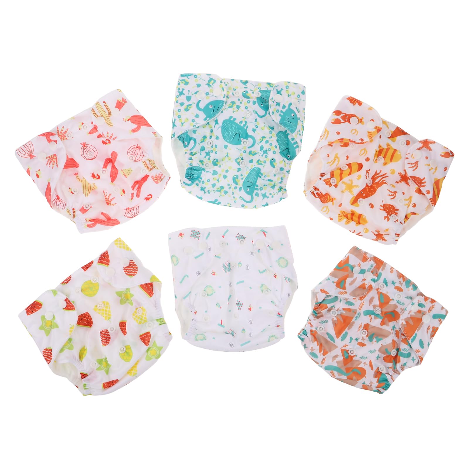Pañales para Ñiño Lavables y Reutilizables con Botones a Presión, 6 Piezas Estampados Variados (cactus, Langosta, Elefante, Volcán, Letras, Frutas), Pantalones de Entrenamiento