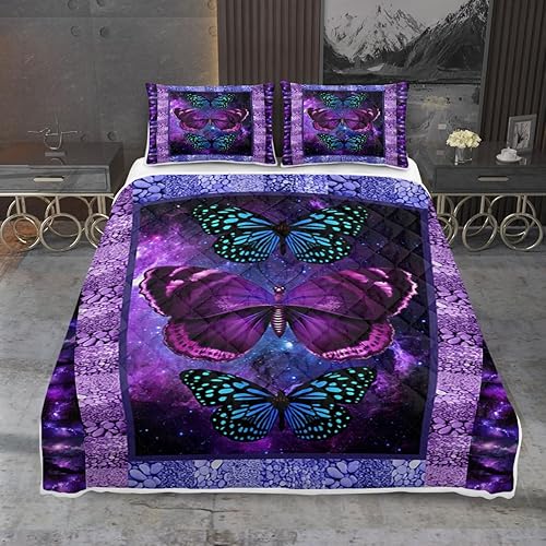 Miniatura 2 de Juego de edredón de mariposa tamaño individual, juego de colcha de mariposa púrpura neón oscuro para amantes de las mariposas, juego de edredón de 3