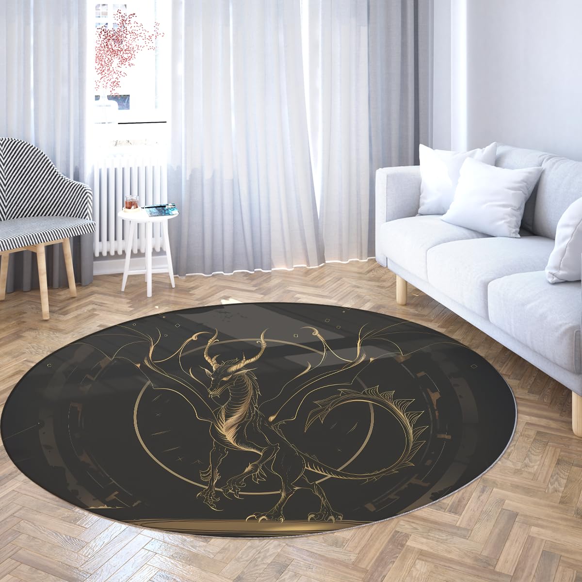 Tapis rond imprimé dragon moderne et antidérapant pour chambre