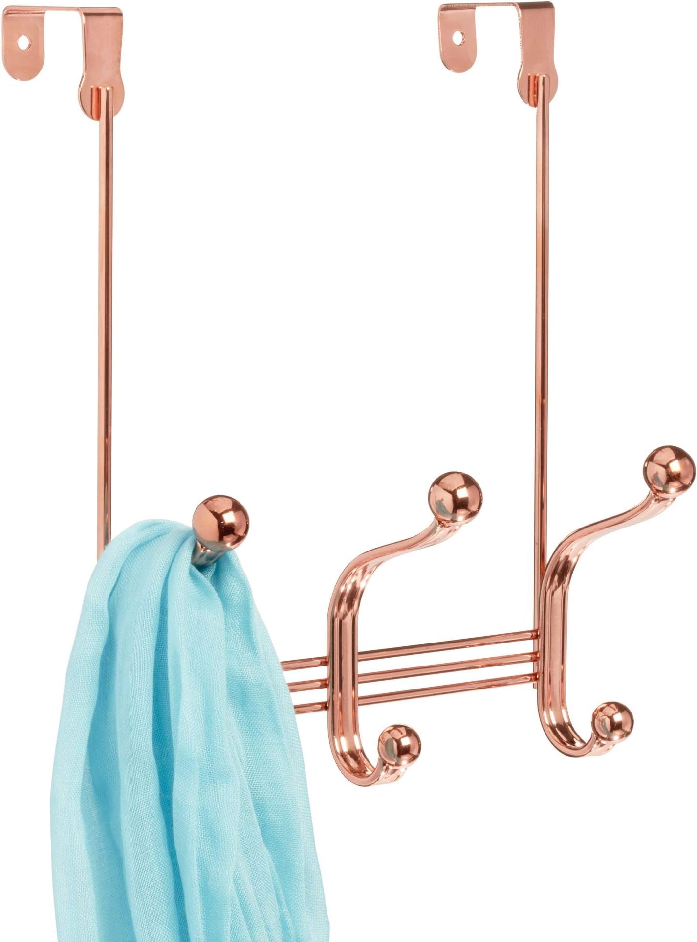 York Metal Over the Door Organizer, 3-Hook Rack for Bedroom, Closet, Bathroom, 4" x 8.3" x 11", Rose Gold