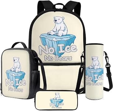 Pola Bear Ice Pattern 17" Backpack Set with Lunch Bag, Pen Case, and Water Bottle Carrier Kids Students Large Capacity School Bag 4Pcs Sets for Boy Girl
