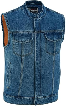 Vance Leather Mens Denim Collarless Motorcycle Club Vest w Dual Front Closure & CCW Pockets