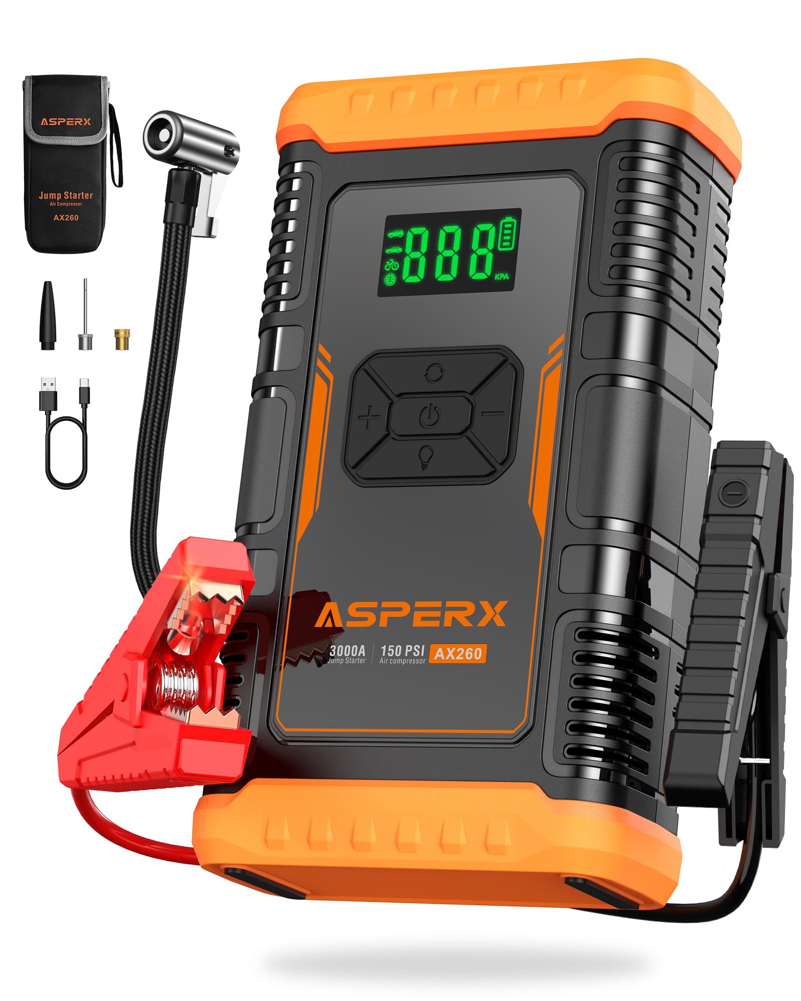 AsperXJump Starter with Air Compressor,【Upgrade & Safety Certs】10L Gas/8L Diesel(Almost All Cars) 12V Jumper Box Car Battery Jumper Starter Portable with Tire Inflator, Jumper Cables, Display & Light