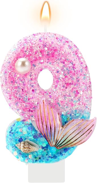 AKURIEEY Mermaid 9th Birthday Candle Pink Blue Numbers 9 Candle for Girls Cake Topper Cupcake Decorations Ocean Theme Party Decor Anniversary Celebrations Supplies