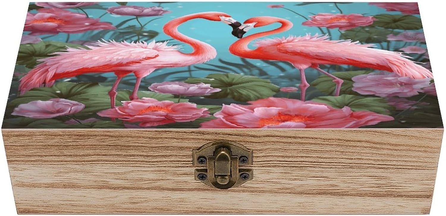 Flamingo Love Flowers Wooden Storage Box 7.9" X 3.9" X 2.3"