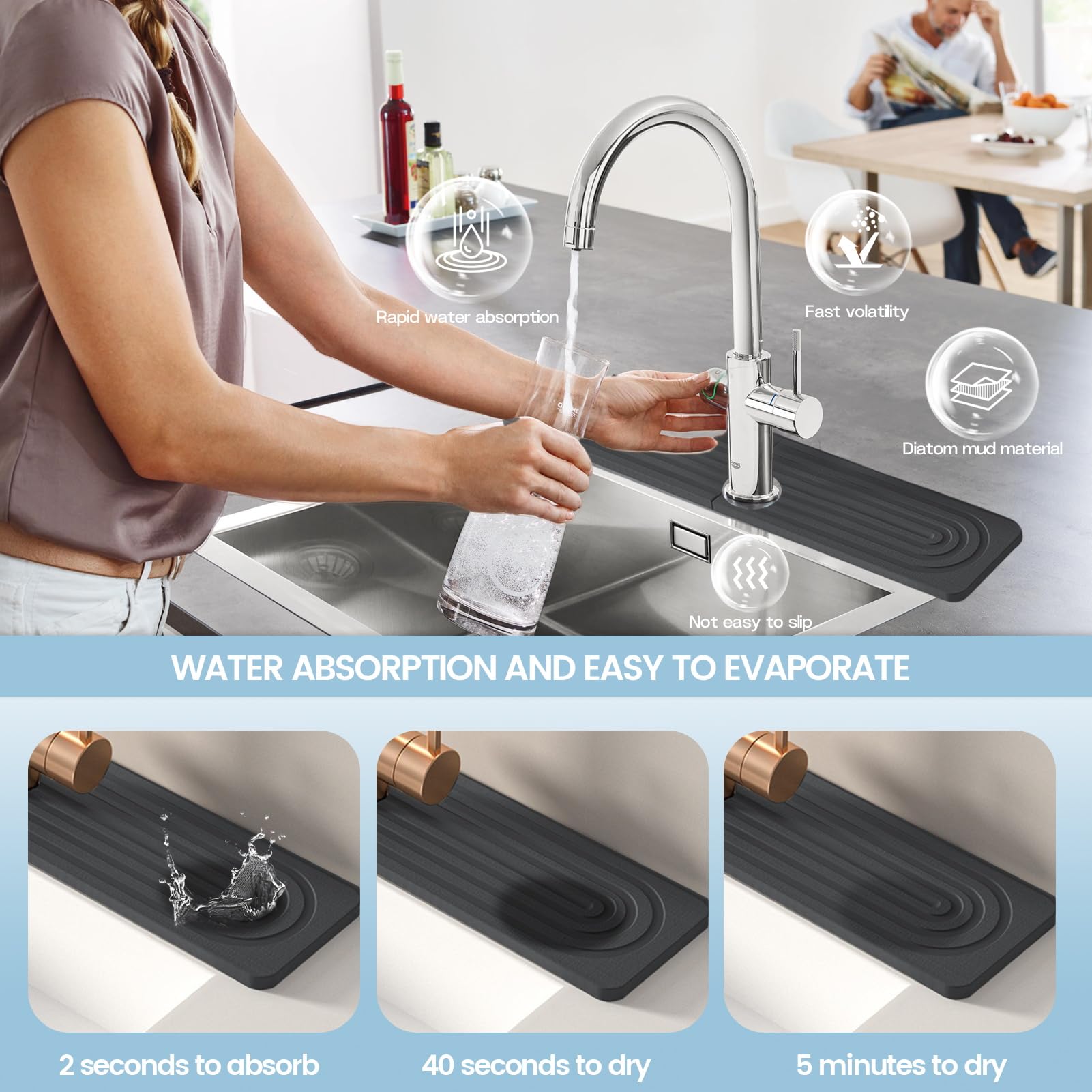 HIULLEN Spülenmatte Aus Kieselgur - Spritzschutz Für Wasserhahn In Küche & Bad