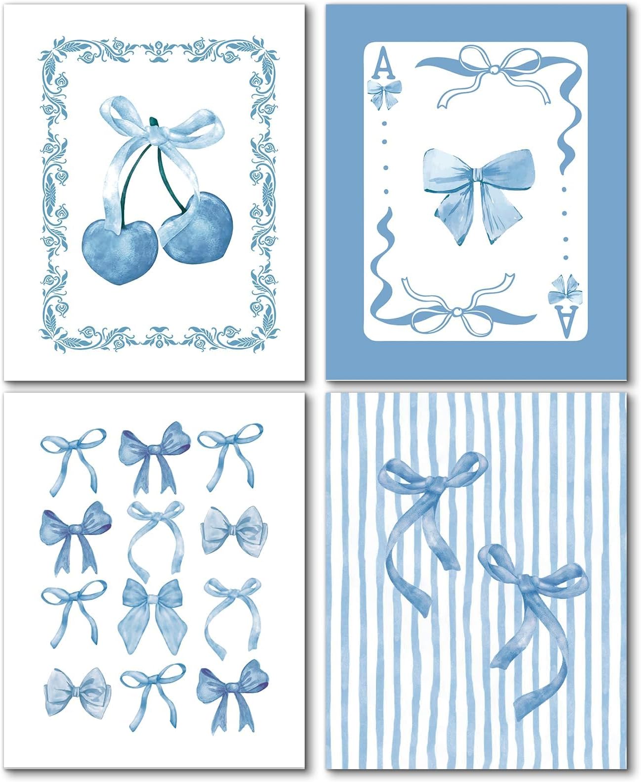 Hapons Coquette Blue Bow Wall Art Decor Posters, Trendy Blue Bow Cherry Teen Girls Room Bedroom College Bathroom Dorm Wall Art Prints, Light Blue Preppy Aesthetic Wall Decor Pictures Gifts 8''x10'' 4 PCS Unframed