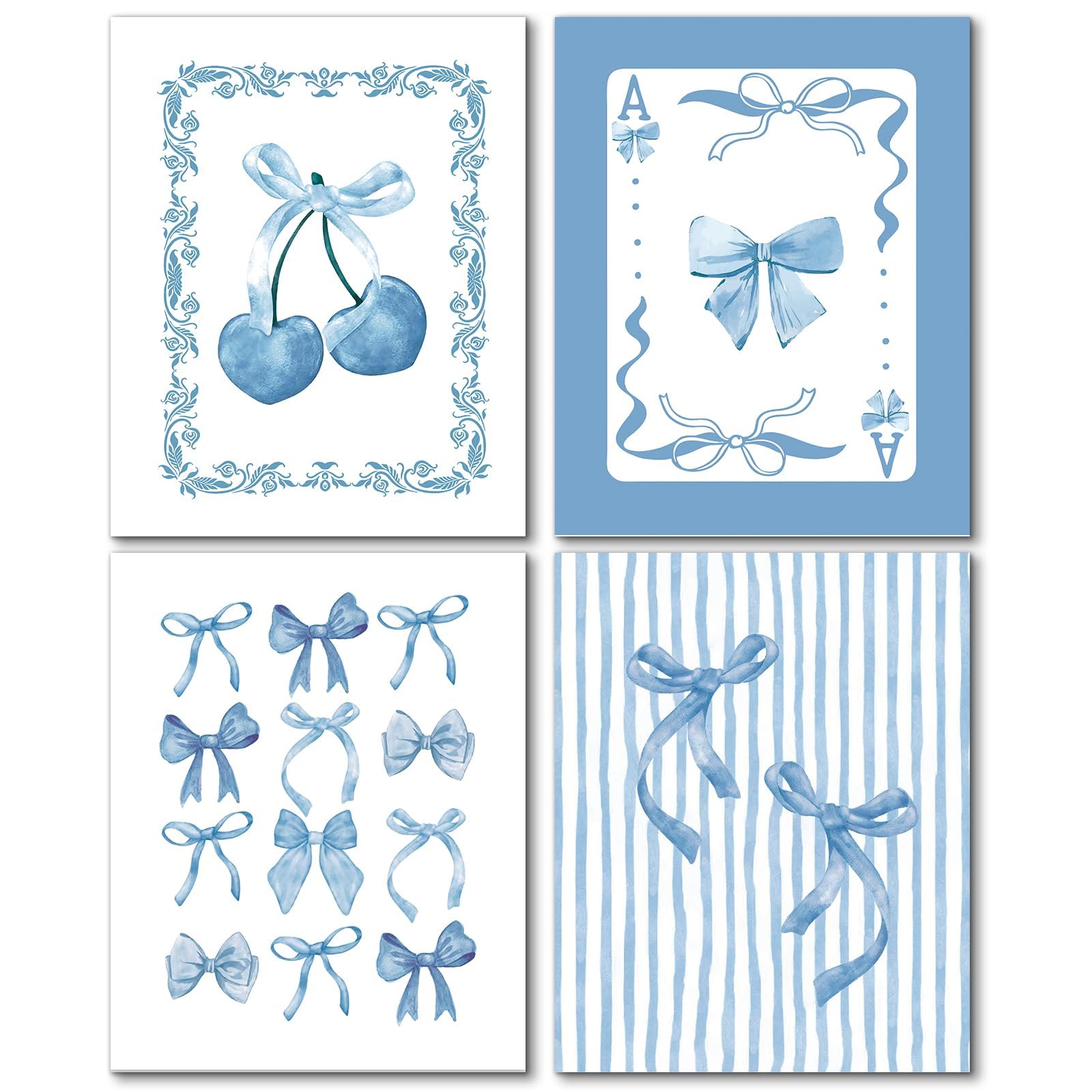 Hapons Coquette Blue Bow Wall Art Decor Posters, Trendy Blue Bow Cherry Teen Girls Room Bedroom College Bathroom Dorm Wall Art Prints, Light Blue Preppy Aesthetic Wall Decor Pictures Gifts 8''x10'' 4 PCS Unframed