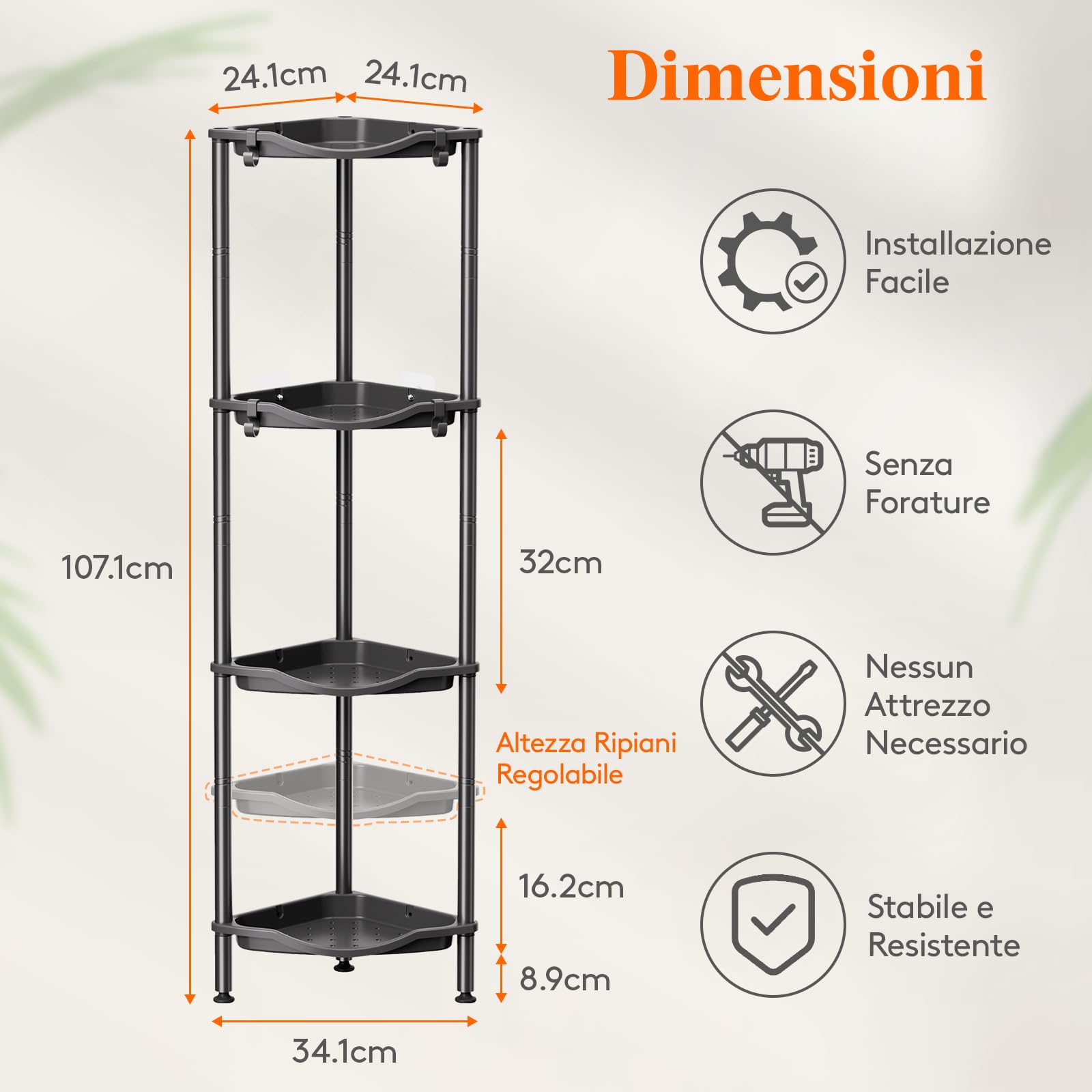Mensola Doccia a 4 Livelli senza Foratura, Organizzatore Angolo per Bagno in Plastica, Nero 34cm