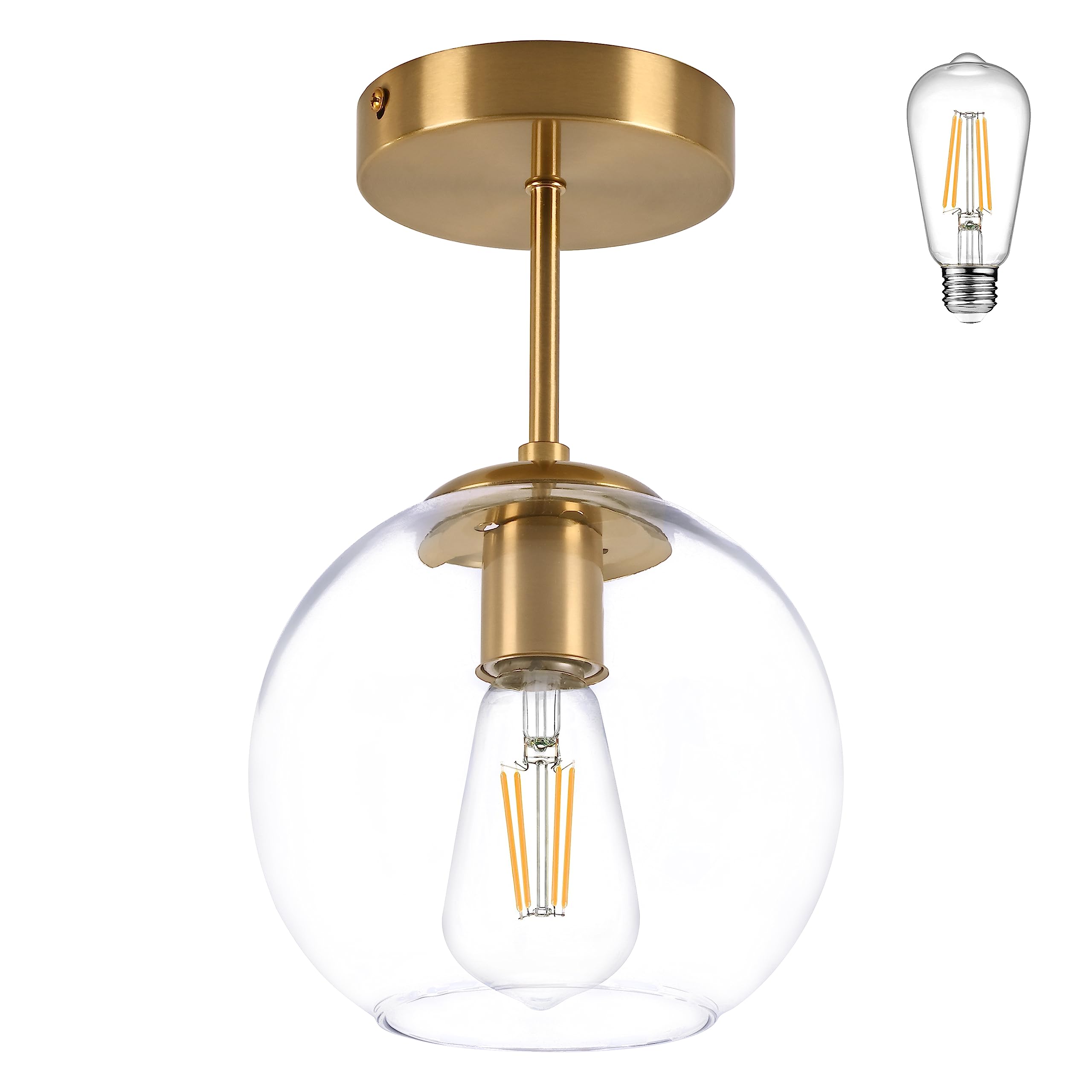 Gold Semi Flush Mount Ceiling Light Fixture with Clear Glass Light Fixture Mid Century Light Fixture Gold Semi Flush Ceiling Light Fixture for Dining Room Living Room Kitchen Island (Bulb Incl)