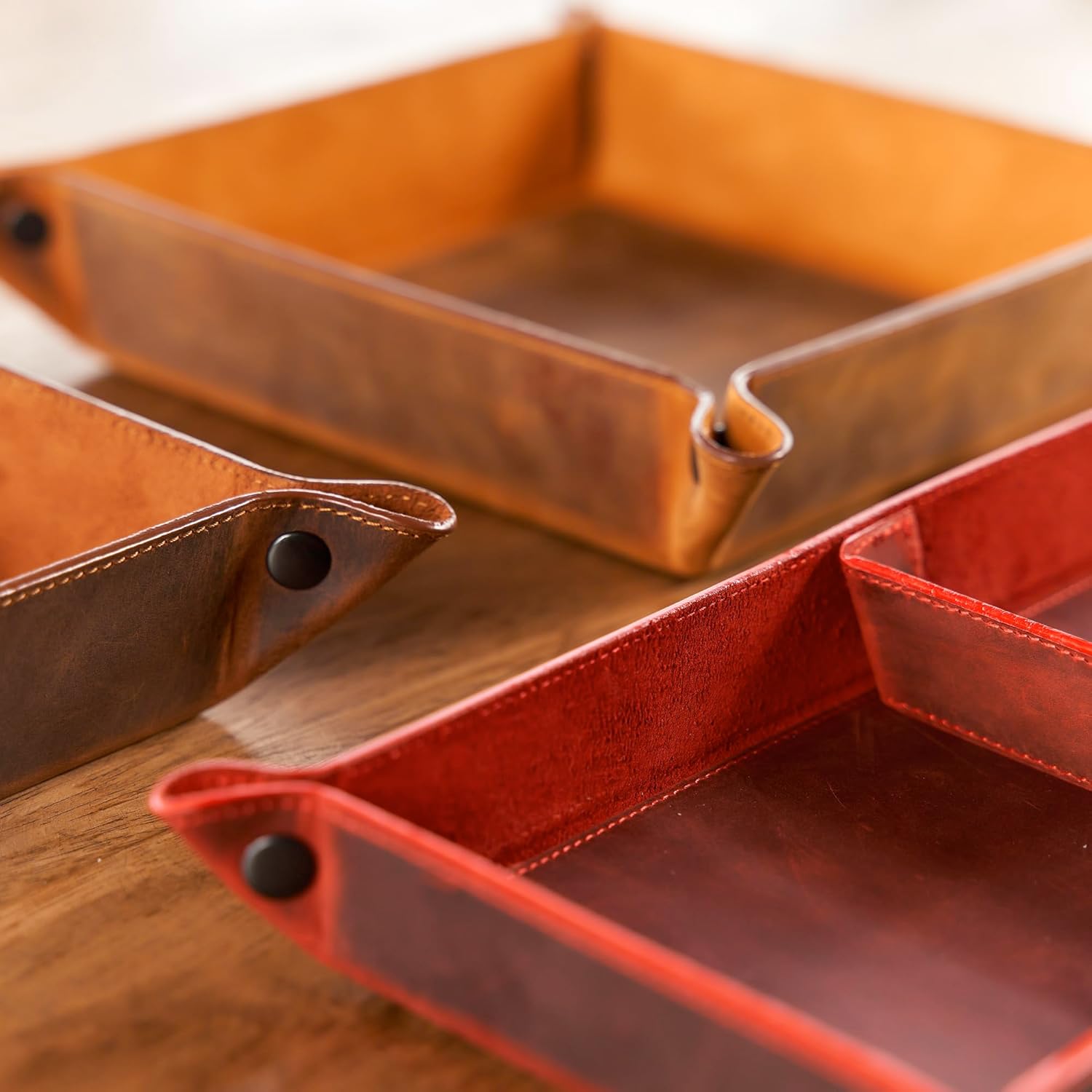 Handmade Leather Catch All Tray and Organizer for Keys, Phones, Jewels, Coins, Square - Medium, Deep Black