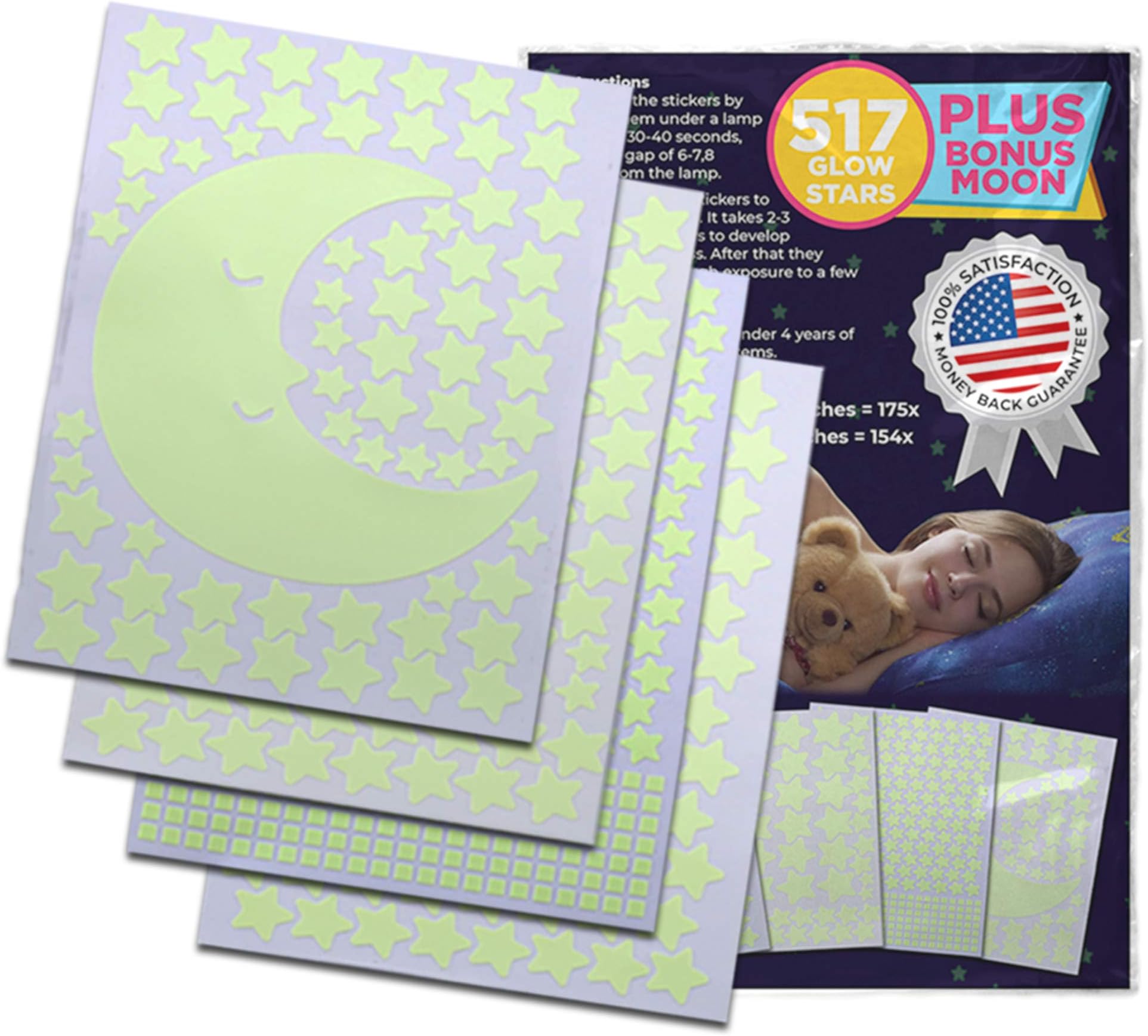 517 Glow in The Dark Stars for a Starry Sky Plus Bonus Moon | Fluorescent Star Stickers for Children’s Room | Bedroom Decor
