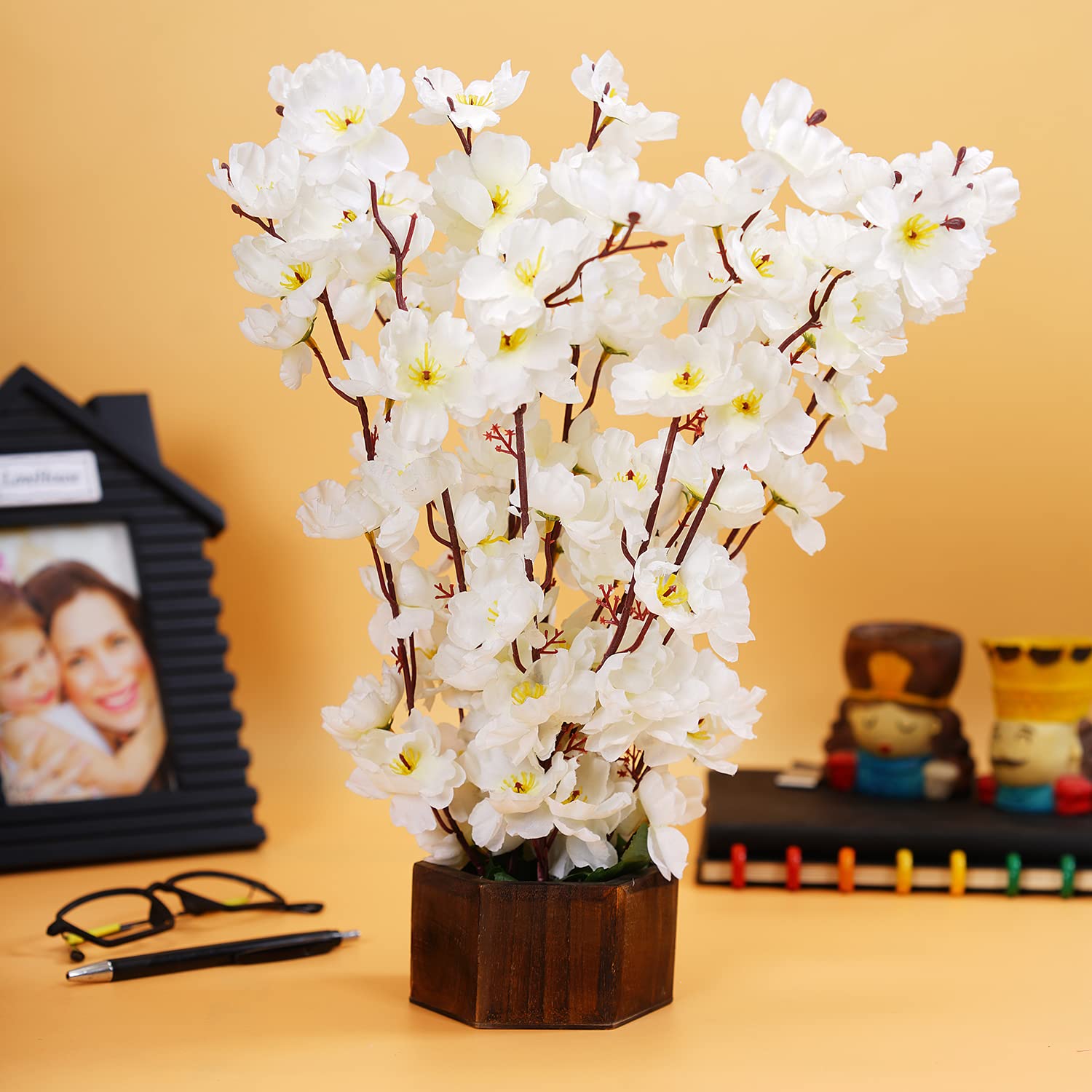 Buy Dekorly White Cherry Blossom With Vintage Wooden Pot For Home Decor