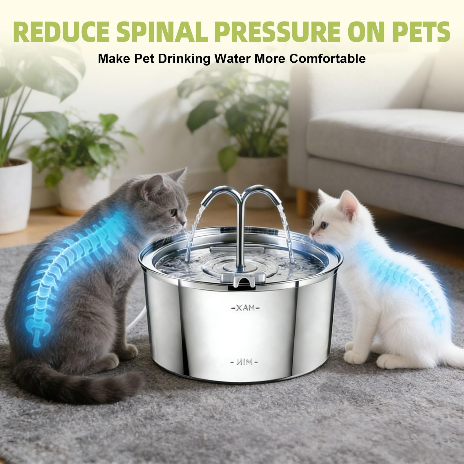 Fontanella per Gatti Acciaio Inox, 3.2L Fontana per Gatti, Silenziosa Automatico Fontanelle, Fontanella Acqua Gatto con 1 Filtro e 1 Spugna per cani