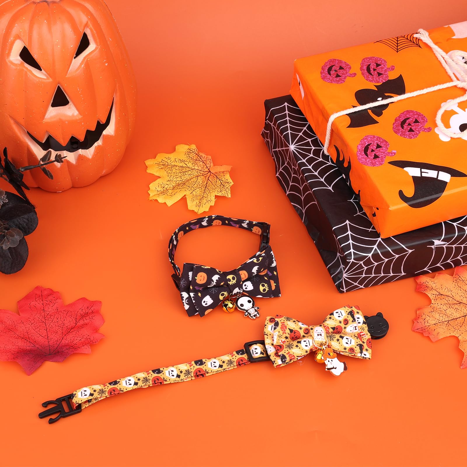 Penitue 2pcs Halloween Cat Collars with Bow Tie & Bell - Image 3