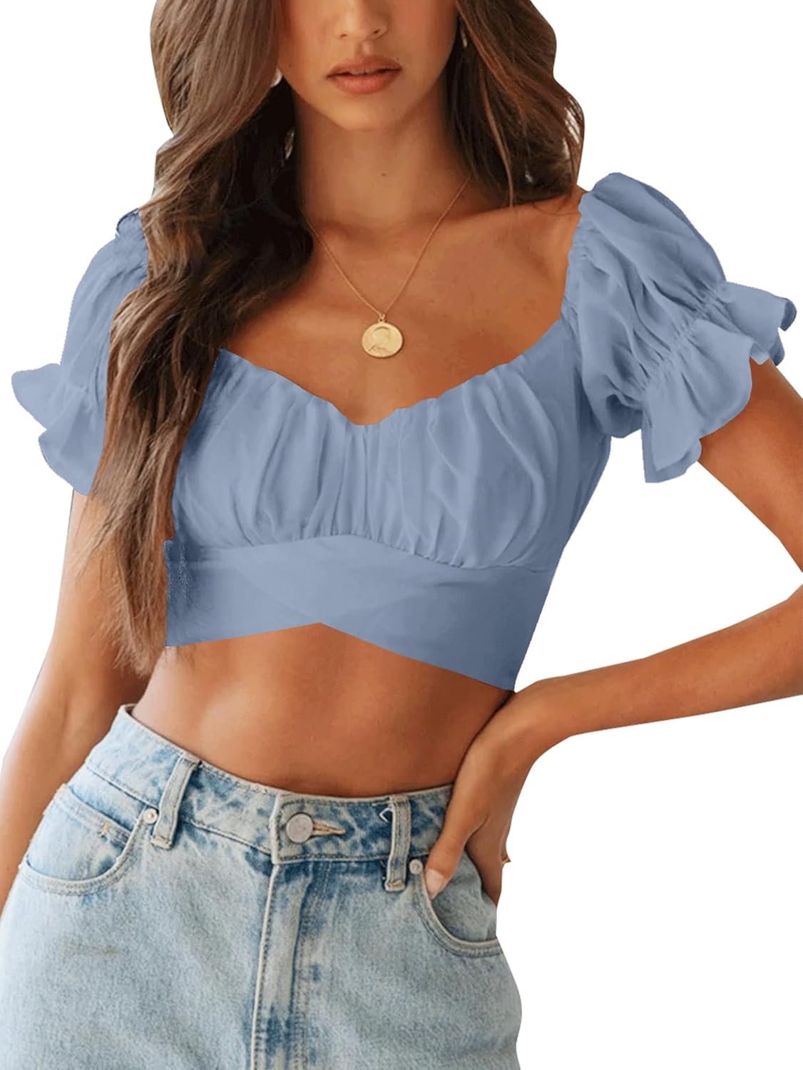LYANER Women's Ruffle Short Sleeve Tie Up Back Crop Top Off Shoulder Bardot Blouse