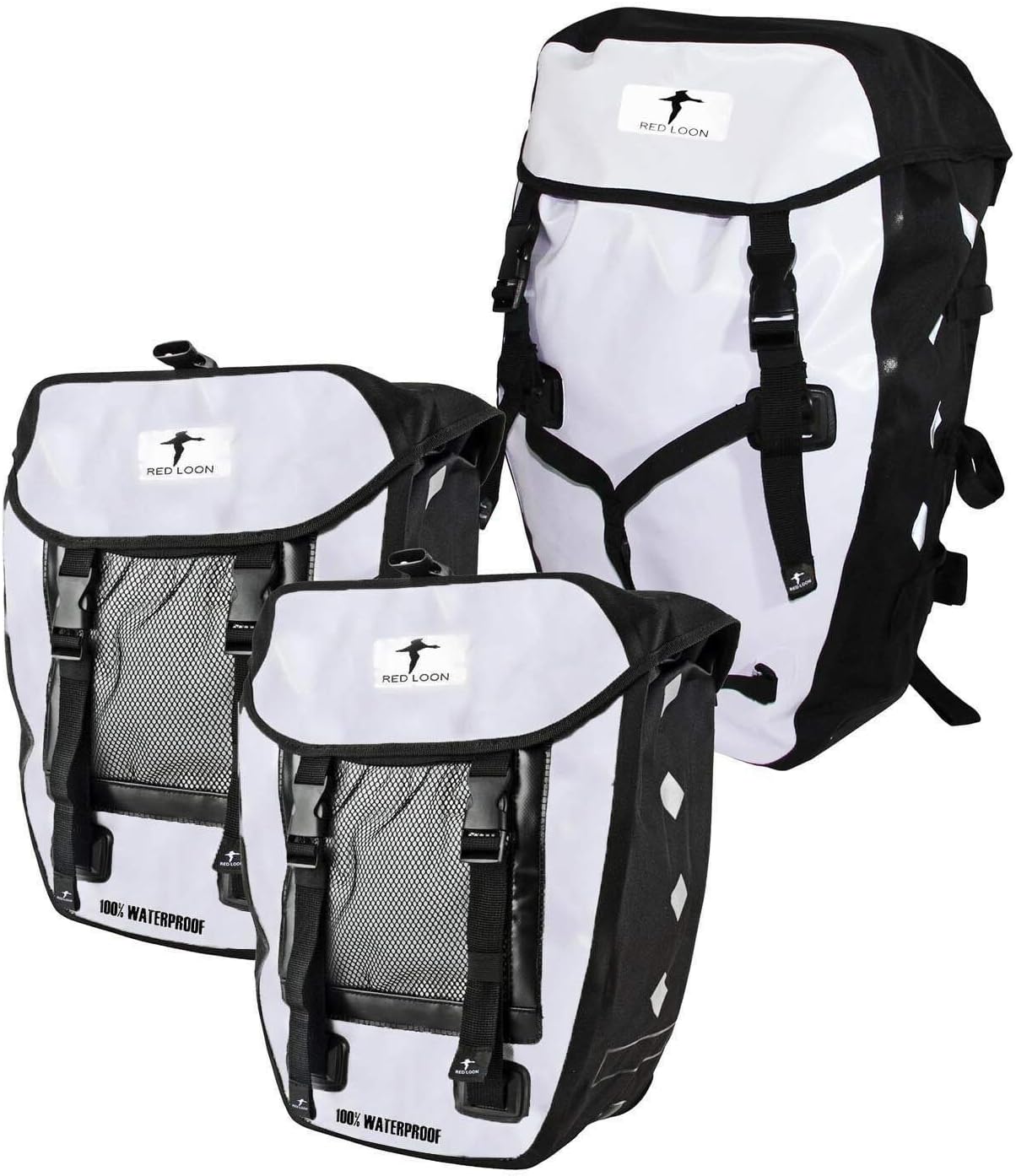 Red Loon Pro 3 Pack Bag Bicycle white / black cycle bag panniers Truck Tarpaulin Waterproof