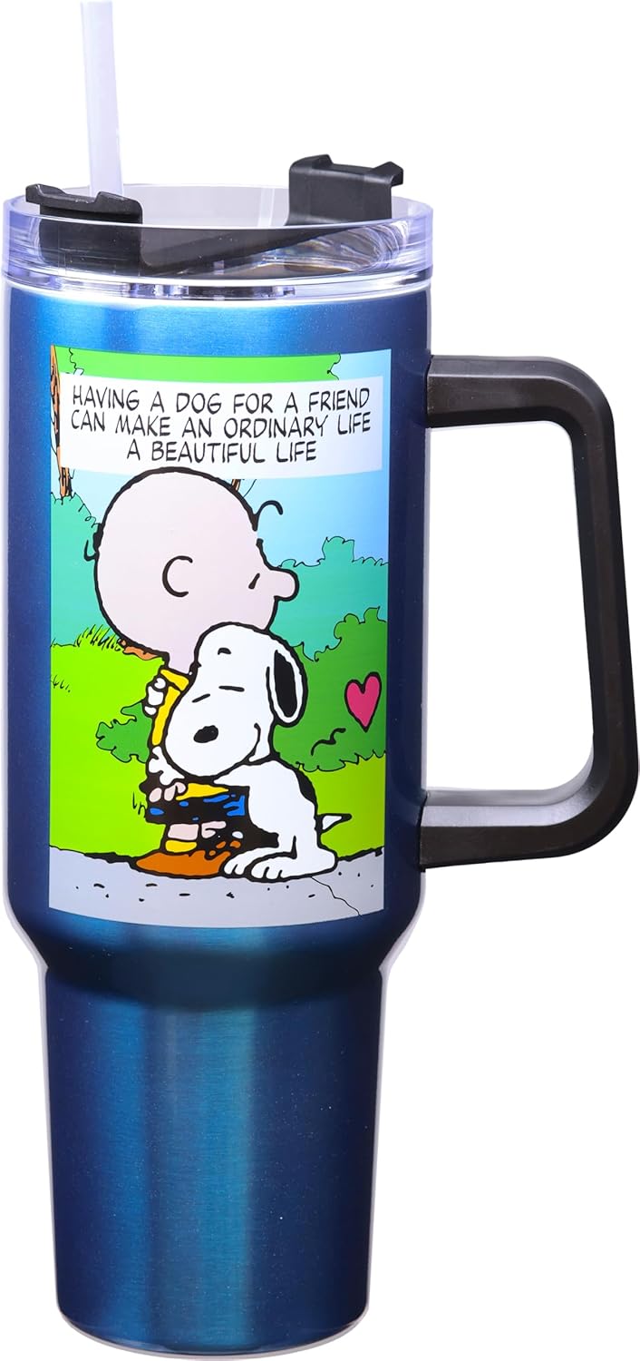Spoontiques Peanuts Stainless Steel Travel Mug, 40oz - Double Wall Insulation, Sturdy Handle, Sliding Lock Travel Lid - Charlie Brown