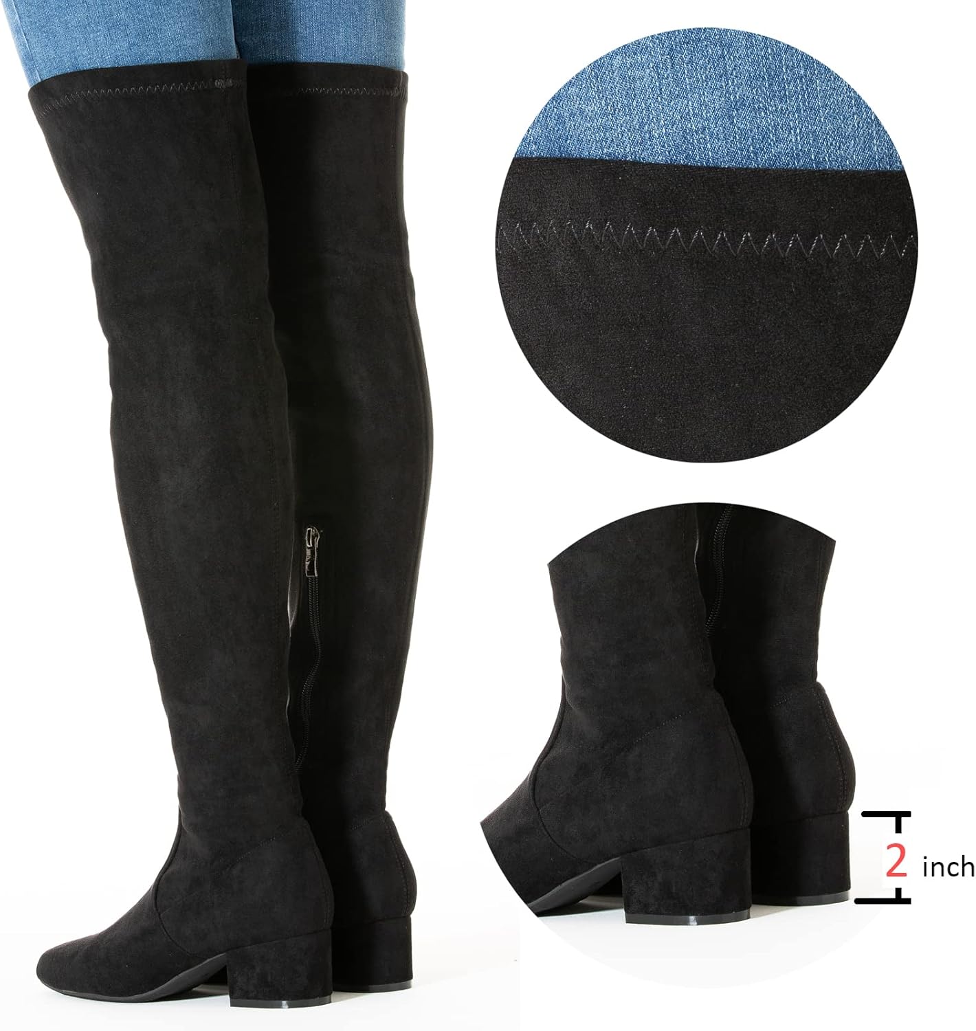 N.N.G Women Over the Knee Boots Low Heel Winter Block Suede Thigh High Chunky OTK Long Comfort